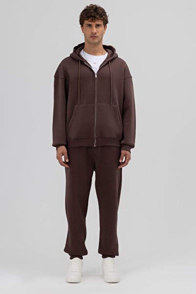 VAMOSCLO Βασικό φούτερ με φερμουάρ oversized με κουκούλα καφέ