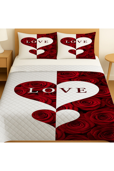 Else Dekor Red and White Heart Love Floral Patterned Double Pike Set Bedspread