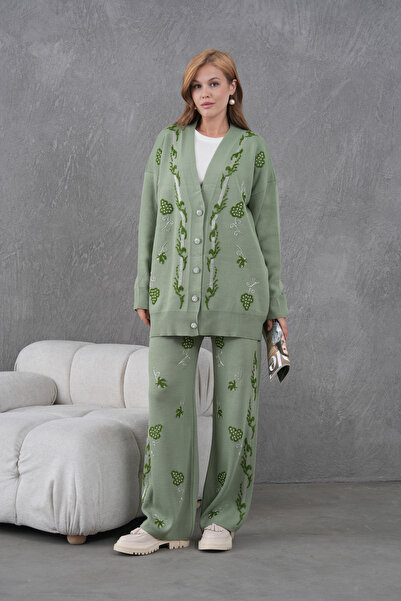 Miss Allos طقم نسائي مكون من كارديجان وبنطلون واسع مطرز بالخرز