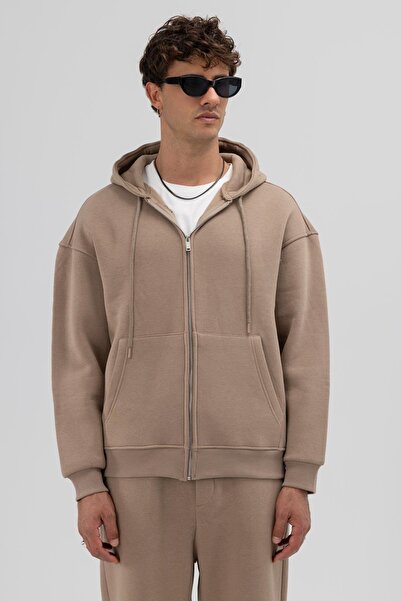 VAMOSCLO Basic Fermuarlı Oversize Kapüşonlu Sweatshirt Vizon