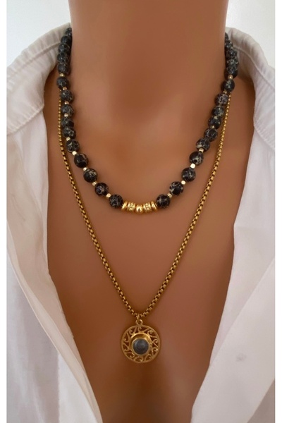 TARZ-I TAKI * 2 KOLYE * DOĞAL TAŞ Siyah Küre Varisit ÇELİK ZİNCİR Altın Kaplamalı Kadın Kolye Ucu Özel Hediye
