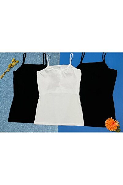 VELOURE Kadın Atlet 3’lü Pedli İnce İp Askılı Pamuklu 2 Siyah 1 Beyaz Sütyenli Kadın Atlet-Bluz