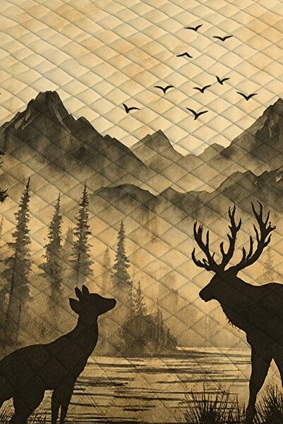 3D ELSE HALI Mountain View Deer Patterned Double Pike Set Bedspread