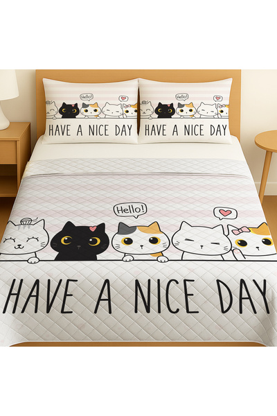 3D ELSE HALI Double Pique Bedspread Set with Little Cat Pattern