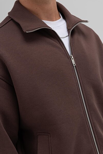 VAMOSCLO oversized Φούτερ με φερμουάρ μπροστά ψηλός λαιμός καφέ