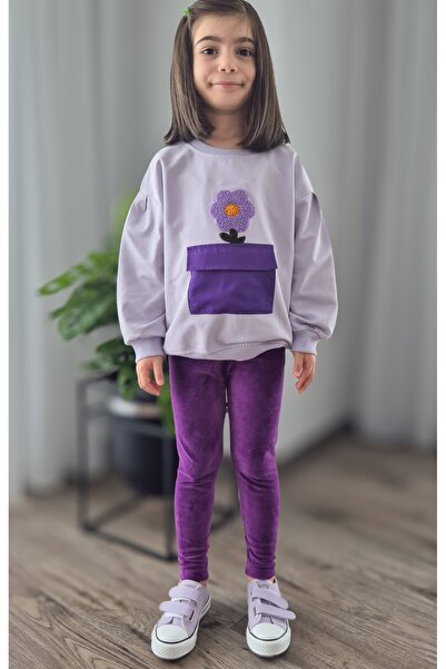 BALKABAĞI Torba Cepli Süzene Çiçek Nakışlı Lila Sweat Mor Kadife Taytlı Kız Çocuk Takım (2-8 yaş)