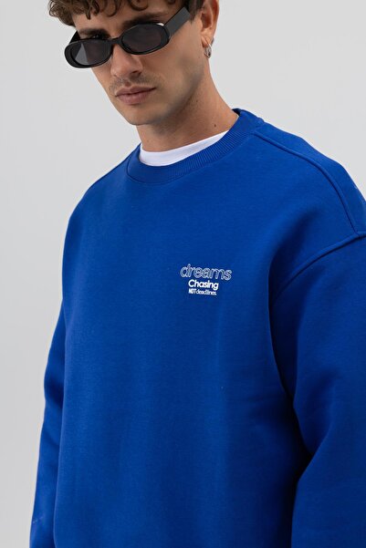 VAMOSCLO Oversize Bisiklet Yaka Baskılı Sweatshirt Saks