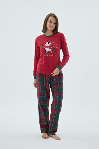 Sevim Set de pijamale cu mâneci lungi, roșii, cu imprimeu pinguin, în carouri, pentru femei C6T4N371