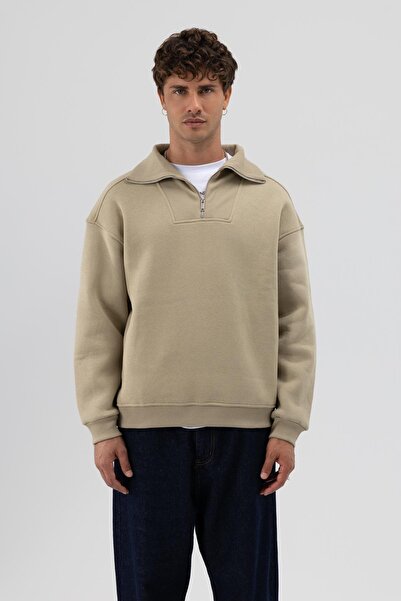 VAMOSCLO Basic Zippered Stand Collar Sweatshirt Khaki