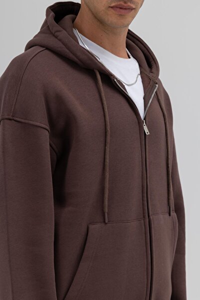VAMOSCLO Βασικό φούτερ με φερμουάρ oversized με κουκούλα καφέ