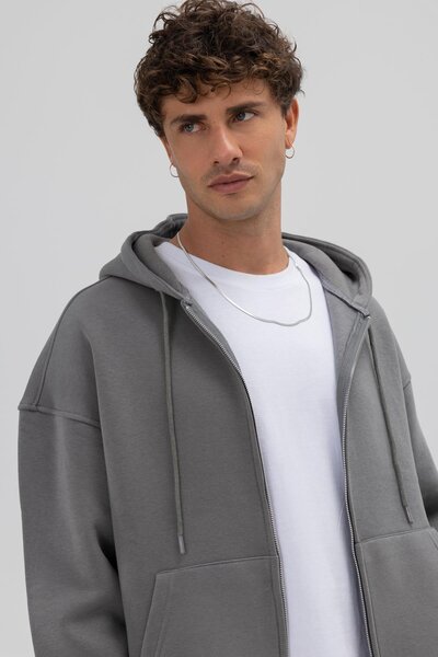 VAMOSCLO Basic Zippered Oversize Hooded Sweatshirt Smoked