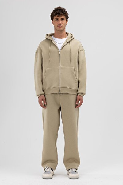 VAMOSCLO Basic Zippered Oversize Hooded Sweatshirt Khaki