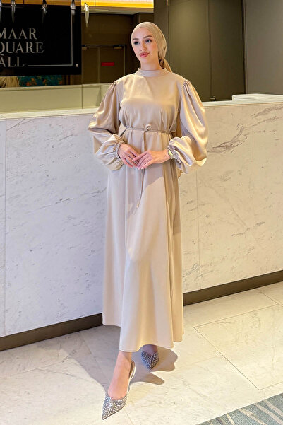 Tesettür Diyarı Satin Dress with Balloon Sleeve and Waist Tie Detail
