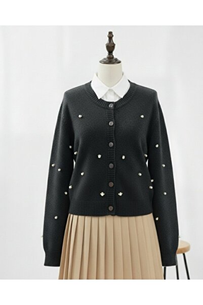 Modamorfo Buttoned Floral Detailed Soft Cardigan -Black