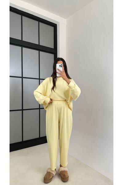 Gaus Sarı Uzun Kol Kazak Beli Lastikli Pantolon İkili Modal Kumaş Takım GAUS-...