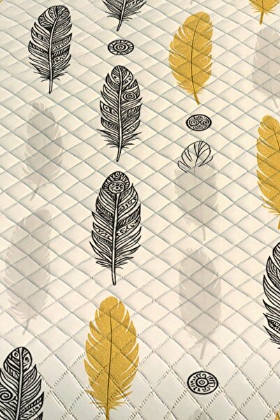 Else Dekor Yellow Gray Ethnic Feather Patterned Double Pique Set Bedspread