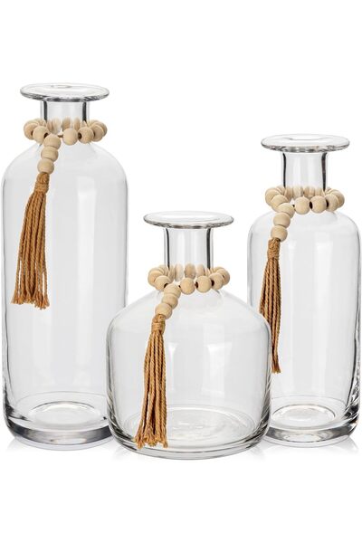 Oairse Set of 3 glass flower vases, transparent, vintage decor, with wooden beads, for home