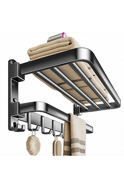 NEXTLY Suport de prosoape pentru baie si bucatarie NEXTLY, pliabil, 7 carlige si bara pentru agatare, prind
