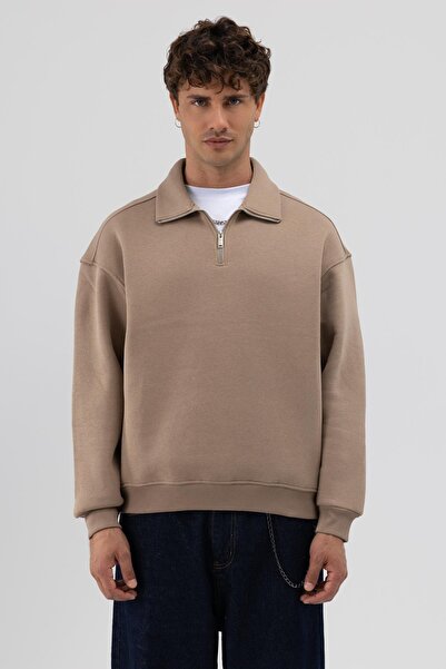 VAMOSCLO Oversize Fermuarlı Dik Yaka Sweatshirt Vizon