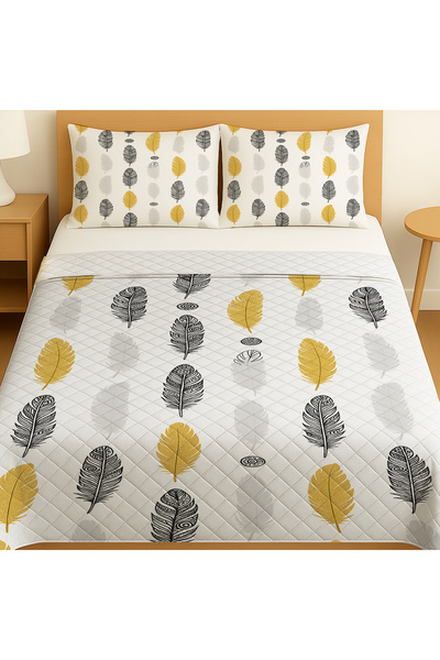 Else Dekor Yellow Gray Ethnic Feather Patterned Double Pique Set Bedspread