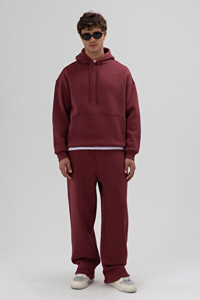 VAMOSCLO Basic Oversize Kapüşonlu Sweatshirt Bordo
