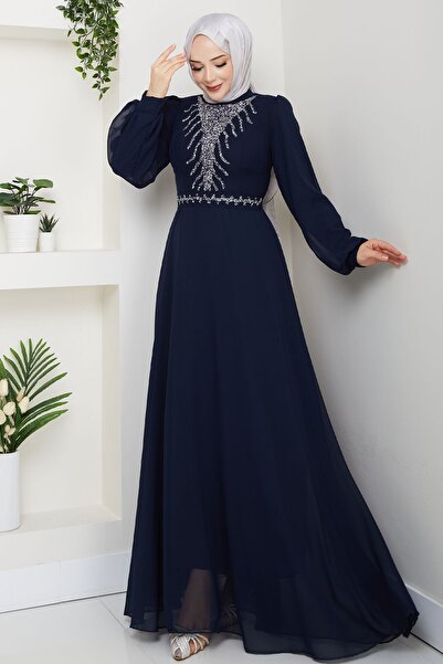InStyle Önü Taşlı Lacivert Şifon Abiye