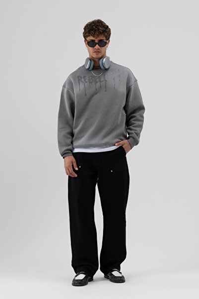 VAMOSCLO Yıkamalı Oversize Baskılı Sweatshirt Siyah