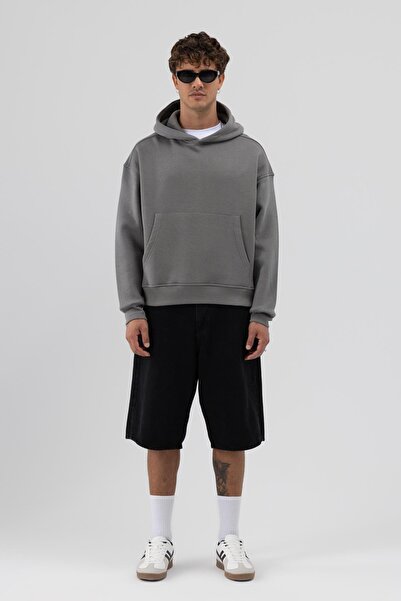 VAMOSCLO Basic Hooded Boxy Fit Sweatshirt Smoked