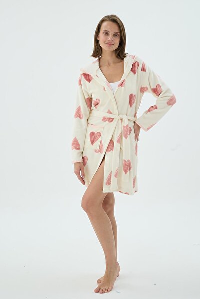 Sevim Women's Heart Patterned Belted Fleece Cream Short Dressing Gown C7T8N271
