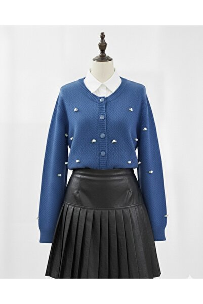 Modamorfo Buttoned Floral Detailed Soft Cardigan -Blue