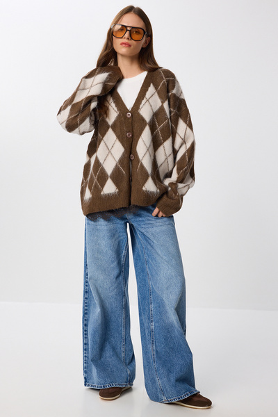 Lovelyİstanbul Baklava Patterned Oversize Wool Knit Cardigan Lmw0027 Brown Bone
