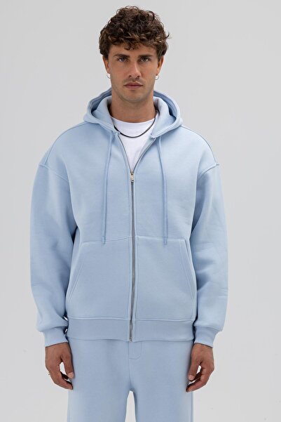 VAMOSCLO Βασικό φούτερ με φερμουάρ oversized με κουκούλα Baby Blue
