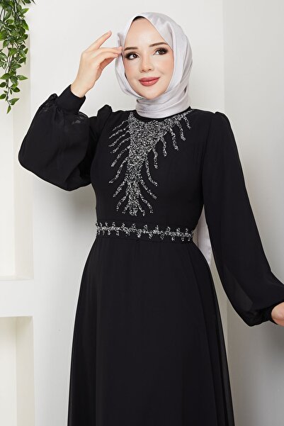 InStyle Rochie de seara din sifon negru cu pietre pe fata