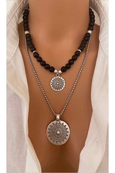 TARZ-I TAKI * 2 KOLYE * DOĞAL TAŞ Siyah Oniks ÇELİK Zincir GÜMÜŞ Kolye Anne Sevgili Özel Gün HEDİYE