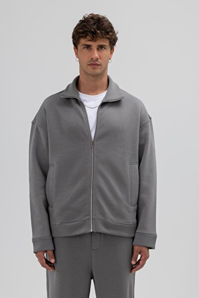 VAMOSCLO Oversize Önü Fermuarlı Dik Yaka Sweatshirt Füme