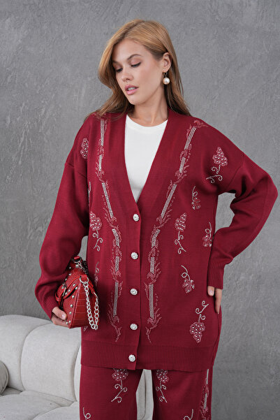 Miss Allos Women's Beaded Wide-Fit Knitwear Cardigan and Pants Bottom-Top Set