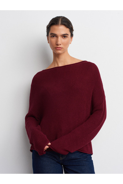 Dilvin 10804 Pulover de tricotat de bază cu gât barcă-Burgundy