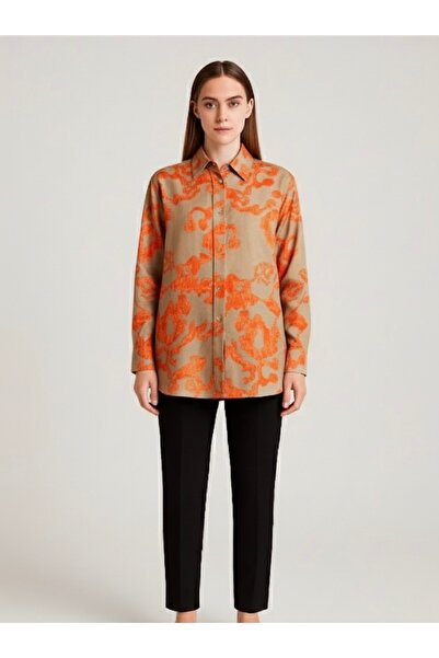 SheLoria Kadın Turuncu Desenli Midi Tesettür Modal Gömlek
