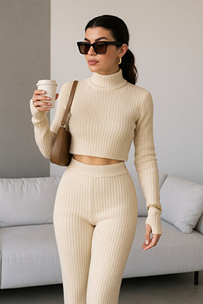 ONİPRETA Women's White New Season Finger-Touch Detailed Bottom-Top Knitwear Set