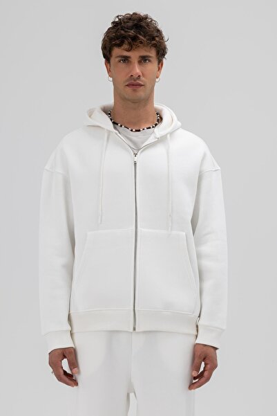 VAMOSCLO Basic Zippered Oversize Hooded Sweatshirt Ecru