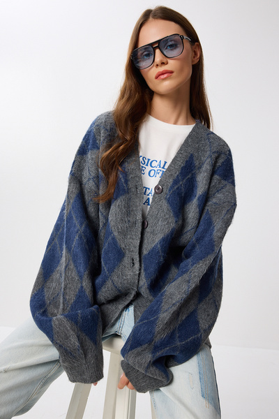 Lovelyİstanbul Baklava Patterned Wool Effect Knitwear Cardigan Lmw0026 Gray Navy Blue