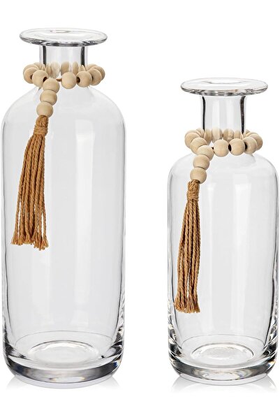 Oairse Set of 2 glass flower vases, transparent, vintage decor, with wooden beads, for home
