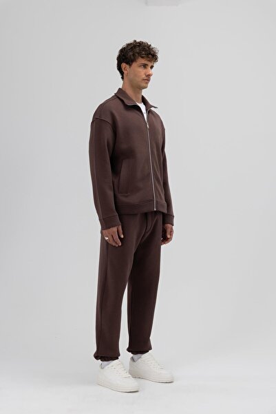 VAMOSCLO oversized Φούτερ με φερμουάρ μπροστά ψηλός λαιμός καφέ