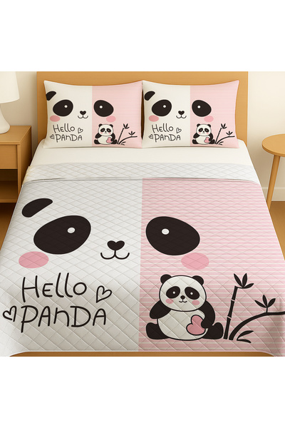 Else Dekor Cute Panda Patterned Double Pique Set Bedspread