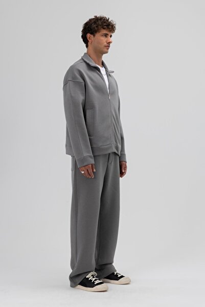 VAMOSCLO Oversize Önü Fermuarlı Dik Yaka Sweatshirt Füme