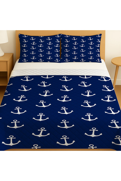 3D ELSE HALI Blue Sailor Anchor Patterned Double Pike Set Bedspread