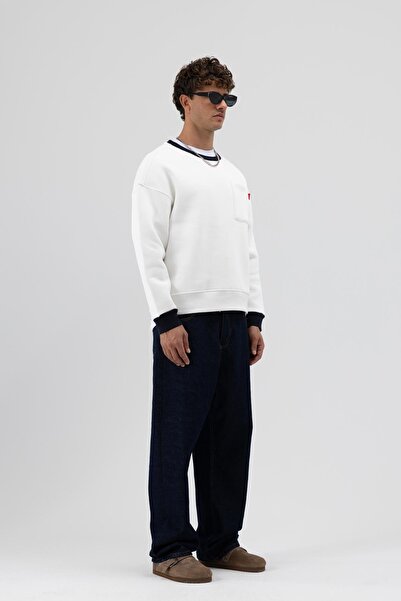 VAMOSCLO Crew Neck Pocket Detailed Oversize Sweatshirt Ecru