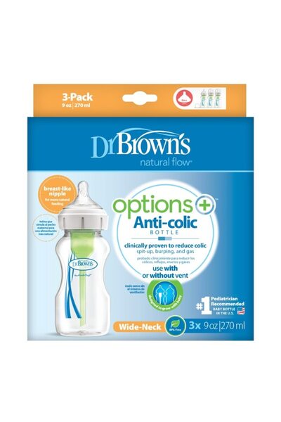 dr browns Set 3 biberoane Dr. Brown's WB93600, dispozitive anticolici, Options Plus, 0-3 luni, 270 ml, gât larg