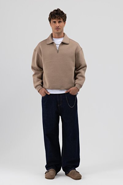 VAMOSCLO Oversize Fermuarlı Dik Yaka Sweatshirt Vizon