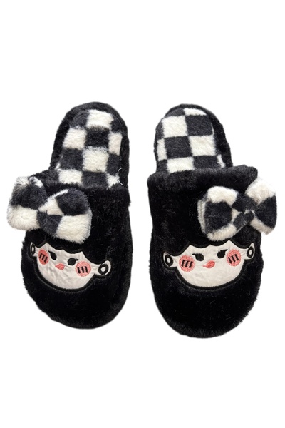 Moda Devrin Winter Women's Slippers with Black Bow Tie and Plush Toys